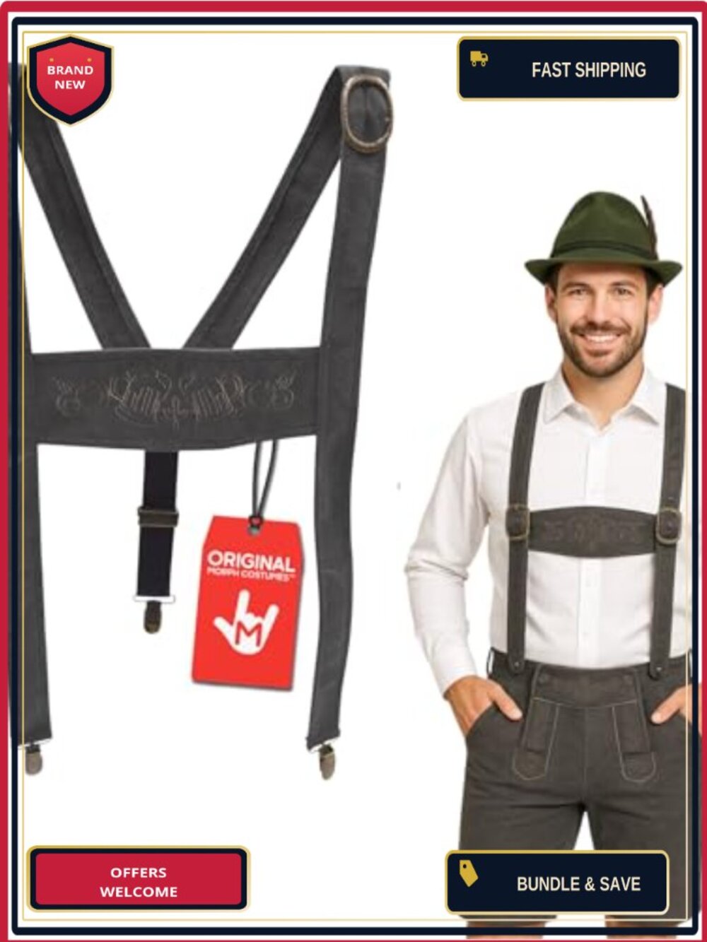 Faux Lederhosen Suspenders Oktoberfest Bavarian Costume Accessory